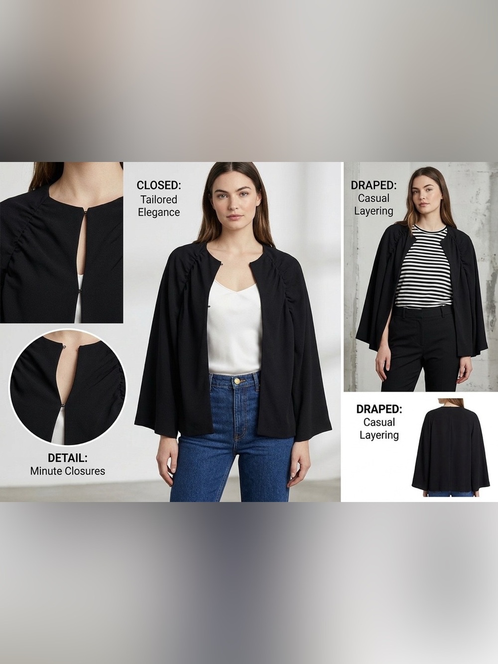StyleIn Black 3/4 Sleeve Jacket Cape NWT